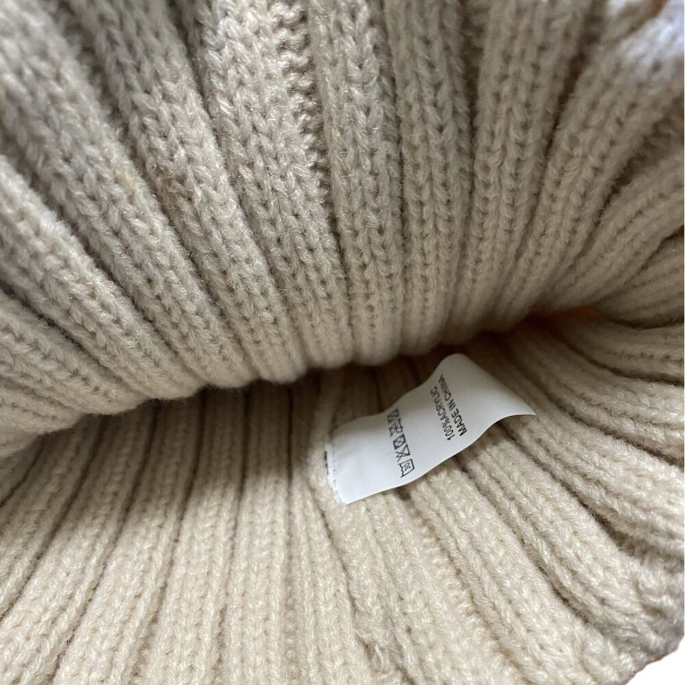 Winter Womens Stretch Knit Beanie Hat Faux Fur Pom Pom Beige Warm Ribbed Fold - Picture 5 of 5